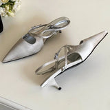 Kylethomasw Silk Designer High Heeled Sandals Women Narrow Band Shallow Low Heel Office Shoes Female Pointed Toe Pumps Brand Slingback Women