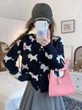 KYLETHOMASW  -  Korean Sweet Blue Gray Print Bow Button Sweater Women Round Neck Cardigans Long Sleeve Knitwear Tops Autumn Winter Clothing Chic