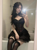 KYLETHOMASW  -  Summer New Sexy  Lace 2 Piece Set Vintage Design Halter Neck Y2k Tops + Puff Mini Skirt Female Elegant French Chic Retro Outfits