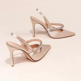 KYLETHOMASW  -  Silk Luxury Sexy Pointed Toe High Heels Womens Elegant Rhinestone Party Dress Ladies Brand Pumps Mules Sandals Zapatos De Mujer