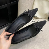 Kylethomasw Fashion Rhinestone Bow Decoration Women Pumps Sexy Pointed Toe Satin Thin High Heels Elegant Banquet Shoes Women Mules Loafers