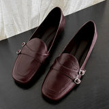 KYLETHOMASW  -  Elegant Burgundy Square Toe Loafers Women Fashion Metal Buckle Stitching Designer Shoes Comfortable Commuting Flat Office Shoes