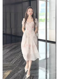 KYLETHOMASW  -  French Square Neckline Dresses Elegant Printed Dress Women Summer New Design Slim Waist A Line Long Vestido