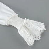 KYLETHOMASW  -  Women French Style White Blouse Lace Splicing Patchwork Shirt Elegant Flare Bell Sleeve Long Sleeve Casual Ladies Daily Tops