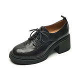 KYLETHOMASW  -  Womens Cowhide Lace Up Flat Shoes Oxford Round Toe Retro British High-Quality Soft Comfortable All Season Daily Shoes