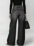 KYLETHOMASW  -  Women's Washed Blue High-Waist Metal Grommet Wide Leg Jeans Casual Loose Fit Streetwear Pants Casual Trousers