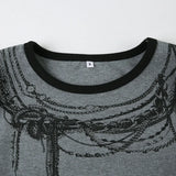 KYLETHOMASW  -  Fashionable dark chain print contrasting round neck long sleeved simple grey slim fit slimming front shoulder top