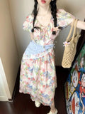 KYLETHOMASW  -  Dresses Women Floral Printed Puff Short Sleeve V Neck Summer Fashion Vintage Elegant Dress Bandage Female Casual
