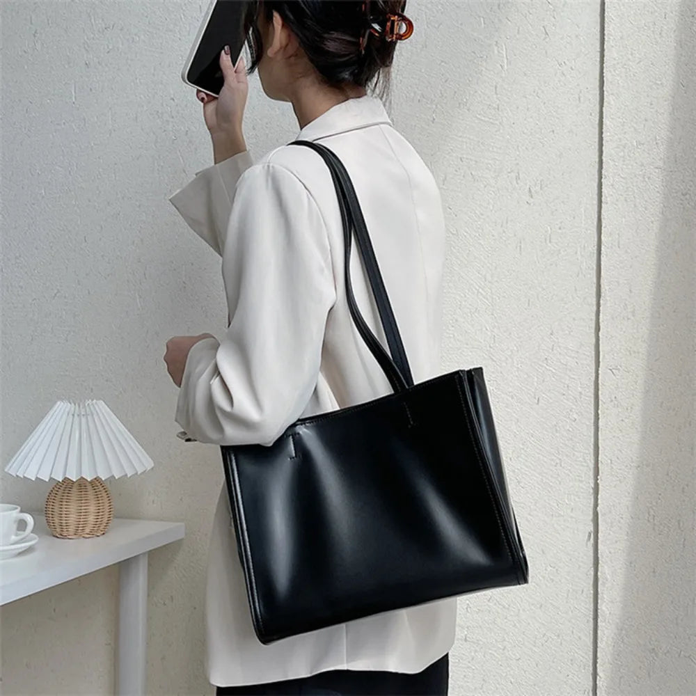 Kylethomasw Korea Fashion Solid Leather High Capacity Luxury Tote Handbag Y2k Casual Simple Travel Shoulder Bags All Match Office Laptop Bag