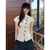 KYLETHOMASW  -  Harajuku Irregular Shirts Women Vintage Cropped Short Sleeve Blouses Summer Ladies Korean Single Breasted Casual Tops New