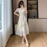 Kylethomasw  Summer French Elegant Women Midi Dresses 2024 New Vintage Folds Solid Ruffle Party Robe Fairycore Neck Mounted Fashion Lady Maxi
