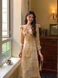 KYLETHOMASW  -  Women Clothes Chiffon Sweet Floral Print Puff Sleeve Slim A-Line Long Dress Elegant Lady Party Vestidos Robe Casual Autumn New