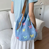 KYLETHOMASW  -  Cute Hollow Out Butterfly Knitting Bag Beach Handbag Tote Bag Beach Bag Large Capacity Bohemian Style Hollow Shoulder Bag Travel