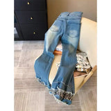 KYLETHOMASW  -  Minimally Designed Micro Flared Jeans Women Autumn Spring Niche Plaid Splicing Slim Versatile Long Pants Trendy