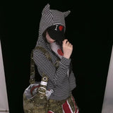 KYLETHOMASW  -  Korean Fashion Y2k Harajuku Style Black White Striped Hooded Jacket Womens Spring Autumn Slim Fit Star Patch Short Zip Coats Top
