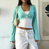 KYLETHOMASW  -  Autumn Korean Color Blocked V-neck Fake Two Piece Shirt Casual Flared Sleeves Spicy Girl Slim Fit Tee Y2k Harajuku Top 여성 반팔 니트