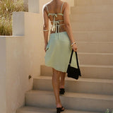 KYLETHOMASW  -  Women 2 Piece Skirt Outfit Boho Floral Spaghetti Strap Backless Tie Up Cami Crop Top Irregular Hem Midi Skirt Holiday Beachwear
