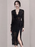 KIylethomasw Sexy Club Sleeveless V-Neck High Waist Women Black Lace Female Vintage Ruffles Split Summer Evening Party Dress With Belt