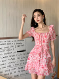 KYLETHOMASW  -  Summer Print Floral Asymmetrical Ruffled Dress Women Square Collar Short Sleeve Slim Pink Korean Dress Party Birthday Dresses