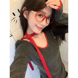 Kylethomasw Korean Retro Contrast Color Patchwork Long-sleeved T-shirt Women Autumn New High Street Lace-up Sexy Slim Striped Tops