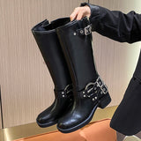 KYLETHOMASW  -  Winter Women Knee High Boots Fashion Belt buckle Long Boots Female Elegant Thick Heel Women's Knight Botties
