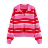 KYLETHOMASW  -  Hot Selling New Striped Knit Polo Shirt Spring V Neck Pullover Top Elegant Casual Style Daily Fashion Knitwear For Women