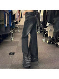 Kylethomasw  Woman Low Waist Jeans Wide Leg Denim Zipper Pants Classical Trousers Korean Cargo All-match Pants Design Bell Gyaru Bottoms