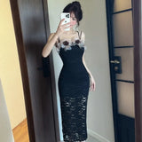 KYLETHOMASW  -  Sweet Hot Girl Sexy Lace Patchwork Strap Dress Women's Autumn Mesh Flower Hollow Long Dress Fashion Female Clothes