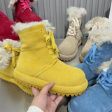 KYLETHOMASW  -  Women Blue Platform Snow Boots Faux Suede Curly Fur Lined Winter Lace Up Ankle Boots Thick Sole Warm Non Slip Fashion Boots