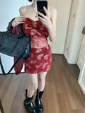 Kylethomasw Vintage Floral Print Sexy Mini Dress Patchwork Transparent Mesh Sheath Strapless Dress Red Party Club Birthday Dress New
