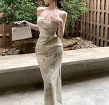KYLETHOMASW  -  French Elegant Print Dress for Women Sleeveless Vintage Split Dresses Fashion Slim Sling Sweet New Summer Dress Korean