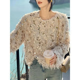 Kylethomasw Korean Chic Sequin Tassel Sweaters Mujer 2024 Autumn New O-neck Plush Knitted Pullover Y2k E-Girl Long Sleeve Tops Women