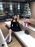 KYLETHOMASW  -  Slash Neck Velvet Black Preppy Dress Long Sleeve Princess Slim Layered Dress Sexy Strapless Birthday Christmas Party Vestidos