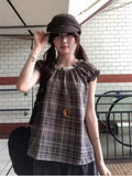 KYLETHOMASW  -  Korean Retro Plaid Top Shirt Women Summer New Round Neck Patchwork Lace Bubble Sleeve Blouse Clothing