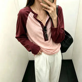 KYLETHOMASW  -  Korean Autumn Versatile Loose Pullover Top Niche Fashion Contrasting Long Sleeved Knitted Top Casual Button Decoration Loose Top