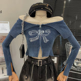 Kylethomasw Bow Print Off-shoulder Knitwear Gradient Cardigan Sweater Zipper Maillard Style Fairy Grunge Long Sleeve Top Y2k Clothes