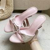 KYLETHOMASW  -  Elegant Pink Bow Wedge Heel Mules Women's Open Toe Linen Strap Slip on Sandals Summer Casual Slippers Shoes