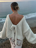 KYLETHOMASW  -  Cream Chunky Knit Loose Sweater Bow Tie Backless Lantern Sleeve 2025 Autumn Fashion Sweet Lady Top Holiday Elegant Chic Cardigan