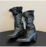 KYLETHOMASW  -  Vintage Pleated Belt Buckle Faux Suede Women Knee High Boots Autumn Winter Fashion High heels Western Cowboy Knight Boots Shoes