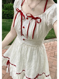 KYLETHOMASW  -  Japanese Cute Sweet Summer Slim Bow Kawaii Dress Women New Design Hepburn Casual Fashion Patchwork White Dresses Female