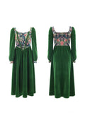 Kylethomasw Vintage France Green Velvet Floral Dress for Women Chic Auricular A-line Party Prom Robe Winter Spring Harajuku Clothes