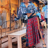 KYLETHOMASW  -  Sexy Plaid Patchwork Split Skirt Spicy Girl Belt A-Line Skirt High Waist Pleated Midi Skirts Women Y2k Harajuku Streetwear 135A