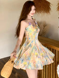 KYLETHOMASW  -  New Floral Chic Bow Square Collar Sling Short Dress Women Elegant Casual A-Line Dress Summer Korean Bodycon Kawaii Dresses