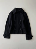 KYLETHOMASW  -  Women's black double-breasted short windbreaker wide collar and long sleeves short jacket casual wear Y2K punk gothic aesthetic