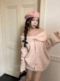 KYLETHOMASW  -  Women Off Shoulder Pink Sweet Gentle Wind Bow Soft Glutinous Sweater 2024 Women's Autumn Loose Versatile Knitted Top