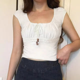 KYLETHOMASW  -  Drawstring square neck short sleeved T-shirt with women's lace patchwork design, high waist slim fit and slimming knit top