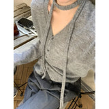 Kylethomasw V-neck Single-breasted Pleated Casual Long-sleeved Cardigan Women Autumn New High Street Pleated Lace-up Solid Color Tops