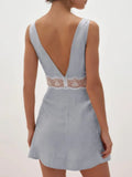 KYLETHOMASW  -  Woman Chic Casual Light Blue Satin Lace Mini Dress Sexy V-neck Tie Front Sleeveless Slip Dresses New Party Club Vestidos