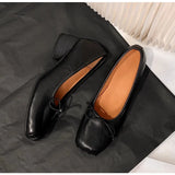 KYLETHOMASW  -  Retro Square toe folding Bowknot Soft Leather Women Pumps Ballet Style Thick High heels Casual Chunky Loafer Shoes