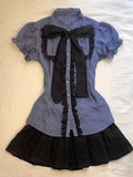 KYLETHOMASW  -  Vintage Sweet 2 Piece Set Bow Shirts Short Sleeve Casual Tops Y2k Slim Mini Skirt Harajuku Korea 90s Emo Grunge Summer Lolita